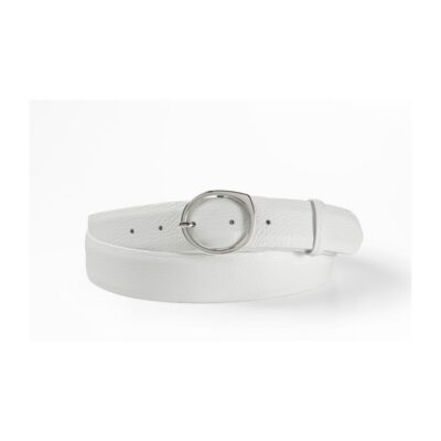 White textured leather belt featuring a round silver buckle