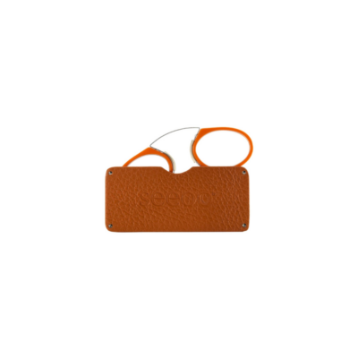 Seeoo Classic pince-nez reading glasses in orange, partially pulled out of a matching orange textured leather case