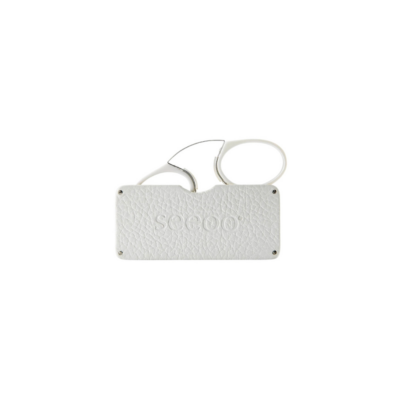 Seeoo Classic pince-nez reading glasses in blue, partially pulled out of a matching blue textured leather case