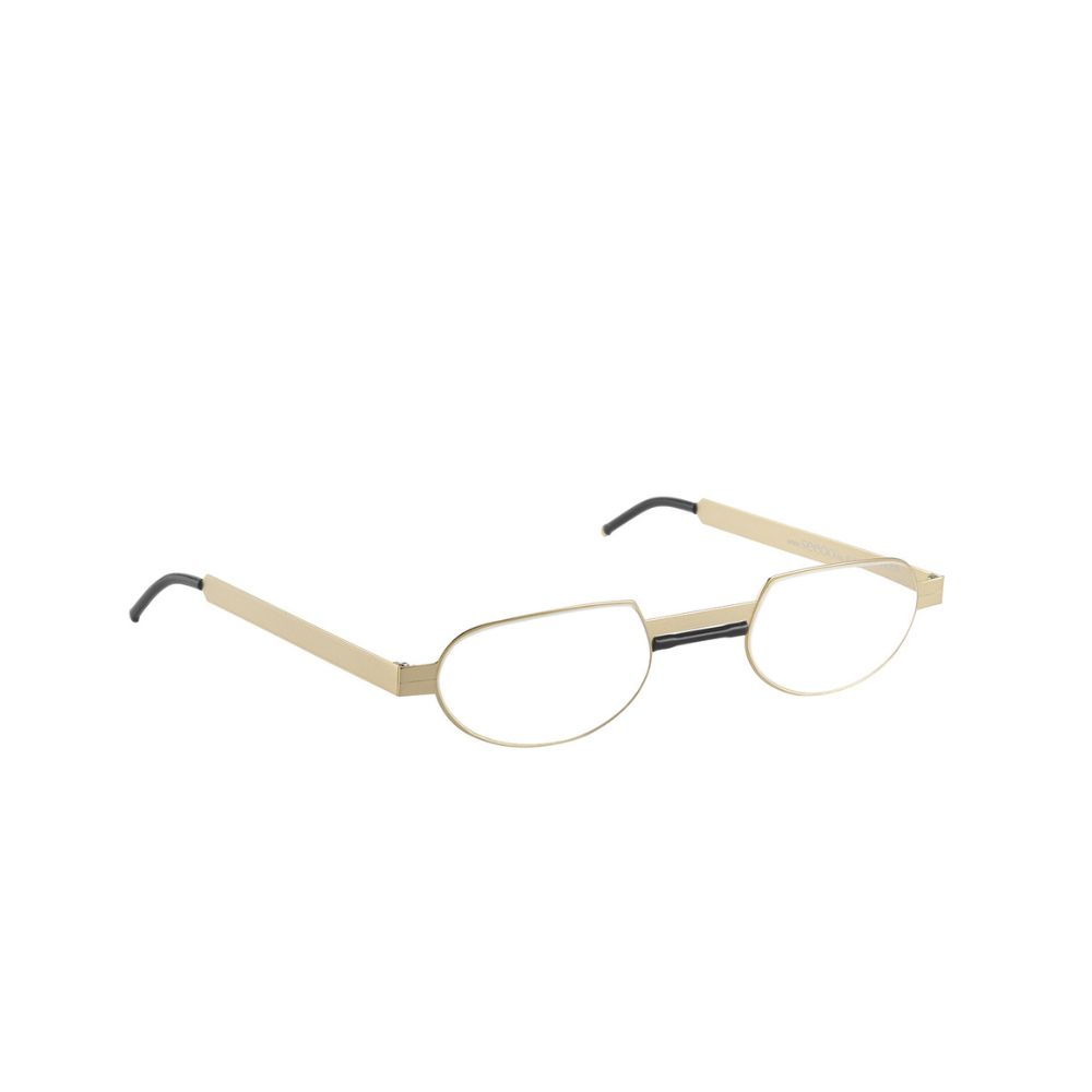 Three-quarter angle view of Seeoo Reader oval reading glasses featuring a gold frame with black details