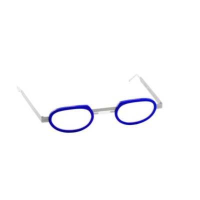 Vista di tre quarti degli occhiali da lettura ovali Seeoo Reader Rims con montatura in metallo e spessi cerchi blu