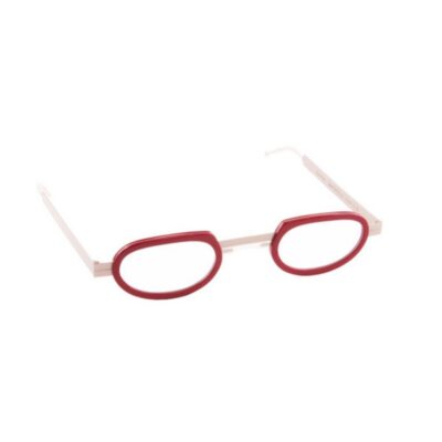 Three-quarter angle view of Seeoo Reader Rims oval reading glasses featuring a metal frame with thick red rims