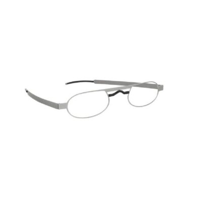 Three-quarter angle view of Seeoo Reader Slim reading glasses featuring a silver metal frame with black details