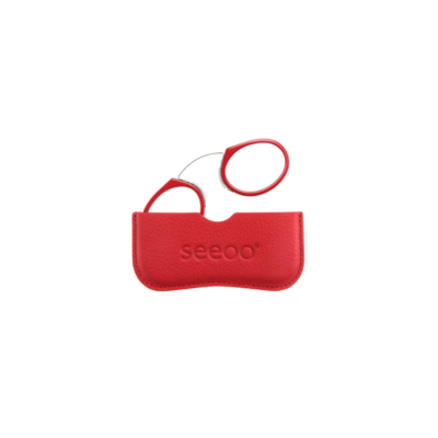 Seeoo XL Pocket red pince-nez reading glasses resting on a matching red leather pouch