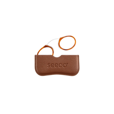 Seeoo XL Pocket tortoise shell frame pince-nez reading glasses with a matching brown leather case
