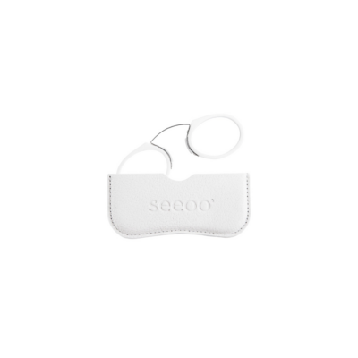 Seeoo XL Pocket white pince-nez reading glasses presented with an elegant white leather case