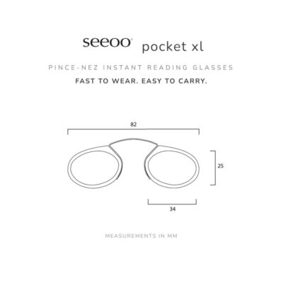 Technical line drawing of Seeoo Pocket XL instant reading glasses showing dimensions of 82 millimeters in total width