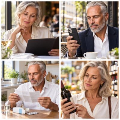 Lifestyle collage showing men and women using Seeoo Pocket XL reading glasses to read menus, phones, and product labels