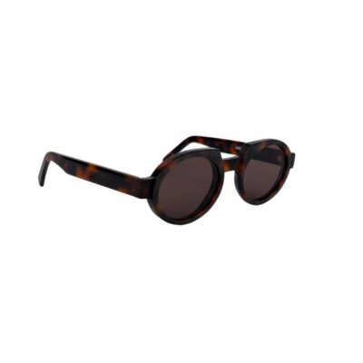 Three-quarter angle view of Seeoo Sun 07 sunglasses featuring a thick dark tortoise shell frame and round brown lenses