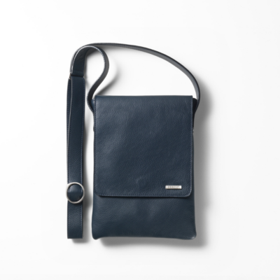 Navy blue textured leather Seeoo crossbody tablet case with a front flap and metal logo