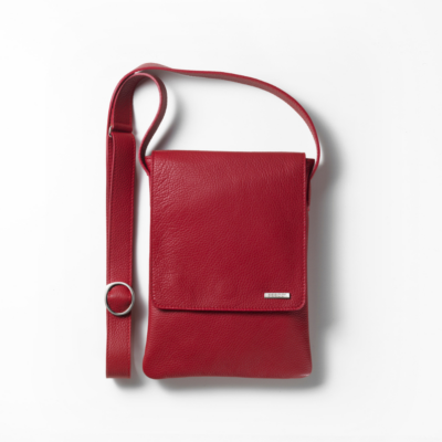Red textured leather Seeoo crossbody tablet case with a front flap and metal logo