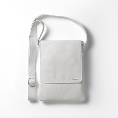 White textured leather Seeoo crossbody tablet case with a front flap and metal logo