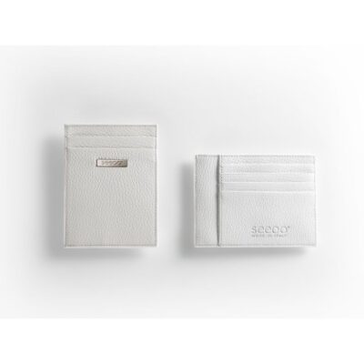 Front and back view of a minimalist white textured leather Seeoo wallet cardholder