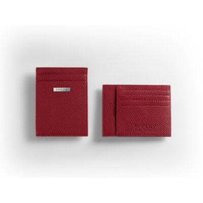 Front and back view of a minimalist red textured leather Seeoo wallet cardholder