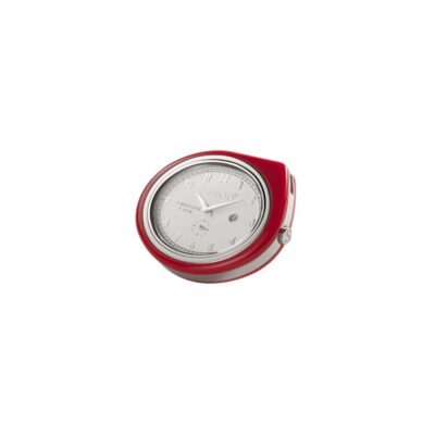 Angled view of a modern Seeoo Timepiece pocket watch featuring a red case, light dial, and date display