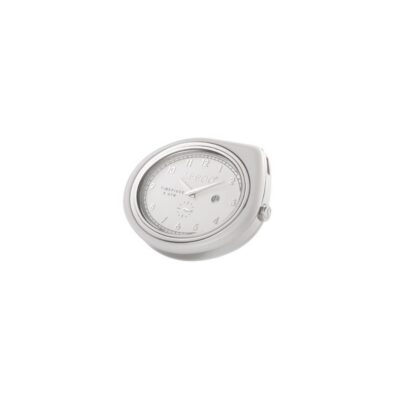 Angled view of a modern Seeoo Timepiece pocket watch featuring a white case, light dial, and date display